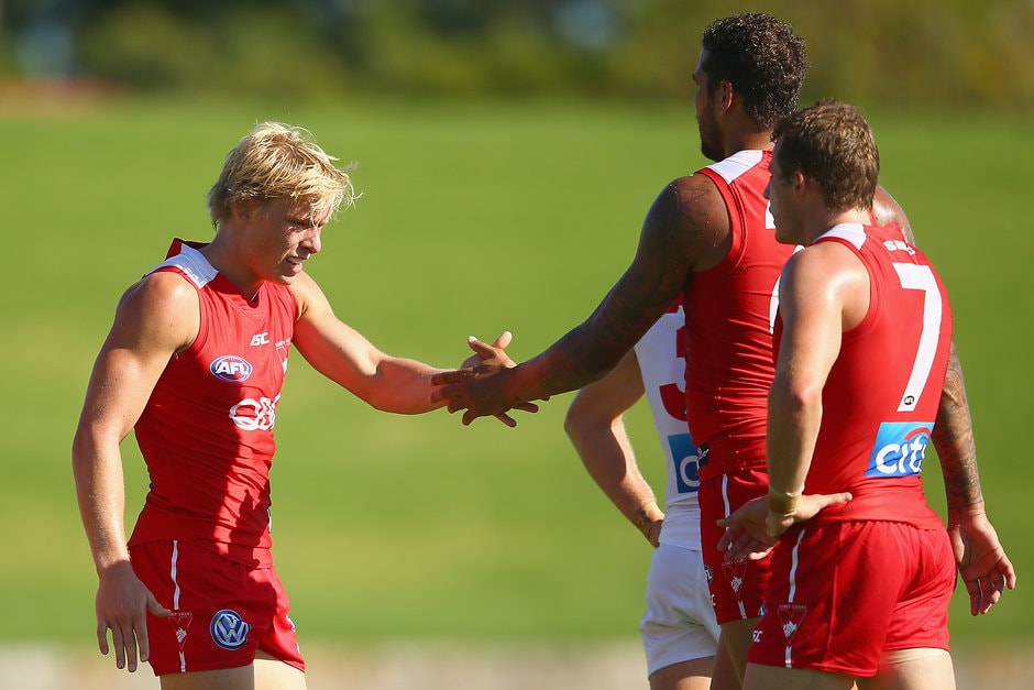 AFL 2016 Training - Sydney Intra-Club Match SYDNEY, AUSTRALIA - FEBRUARY 12: Isaac Heeney and Lance Franklin of the Red Team celebrate a goal during the Sydney Swans AFL intra-club match at Henson Park on February 12, 2016 in Sydney, Australia. (Photo by Mark Kolbe/Getty Images/AFL Media)